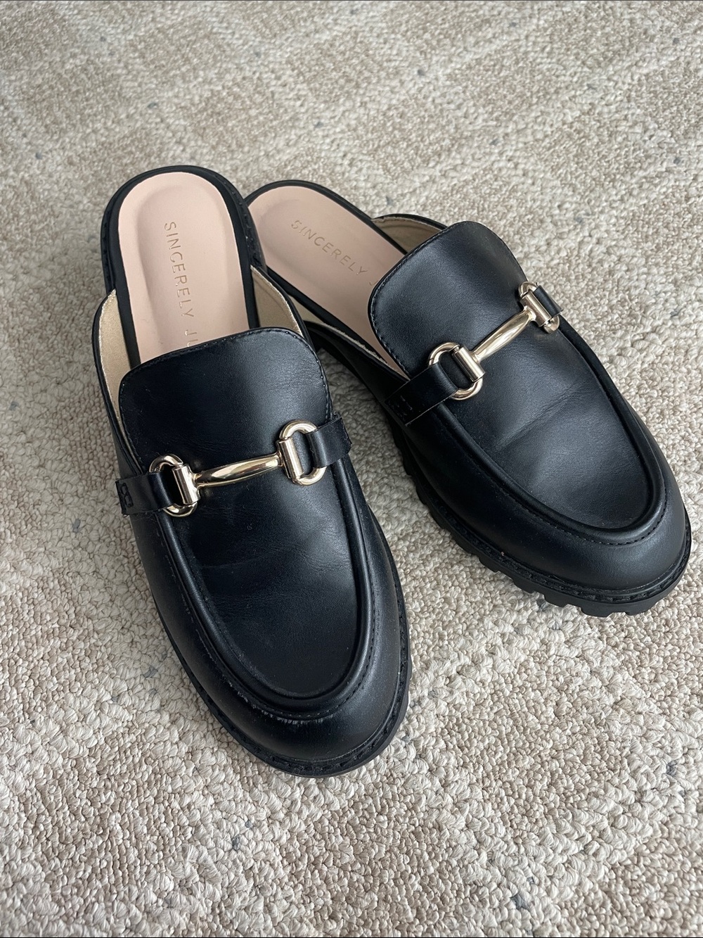 Sincerly Jules Black Leather Mule Loafers with Gold Bit